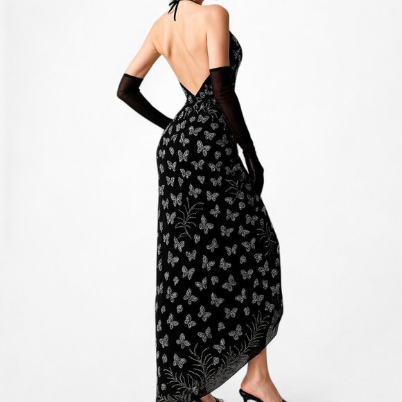 Vintage Black Silk Floral Beaded High Low FIt Flared Prom Dress Size M/L - Picture 4 of 7